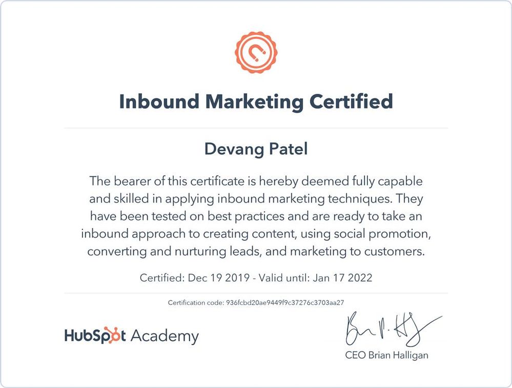 HubSpot Inbound Marketing Certification